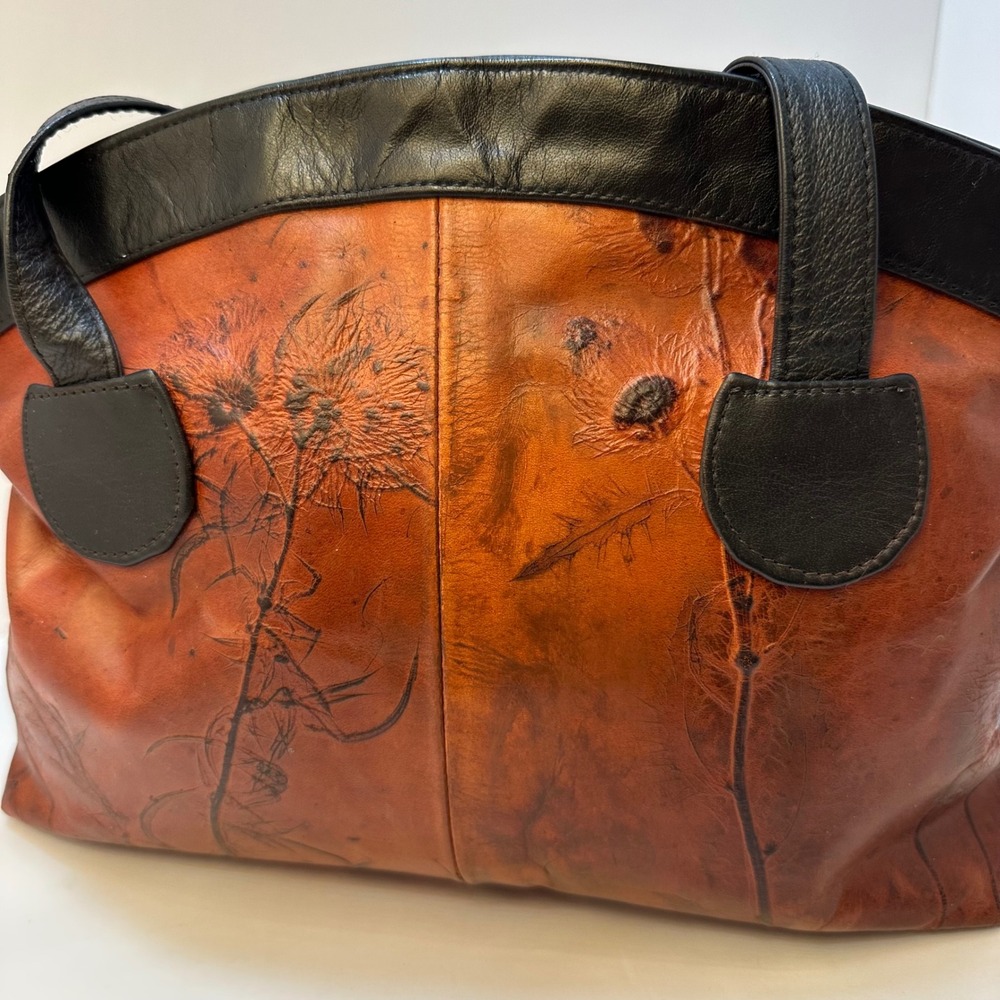 Artisan Leather Thistle Floral‎ Tote Bag Cognac Black Hand Painted Shoulder Bag
